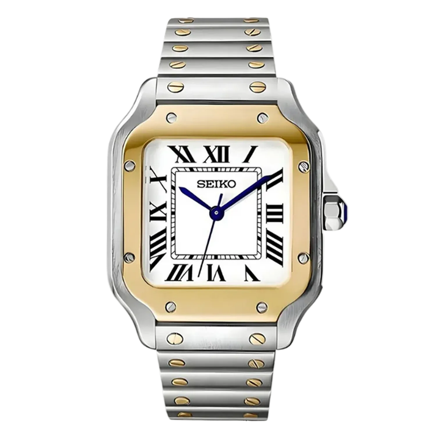 Seiko Santos Mod Heart Gold с бял циферблат, римски индекси, сини стрелки, златист безел и двуцветна сребристо-златиста верижка