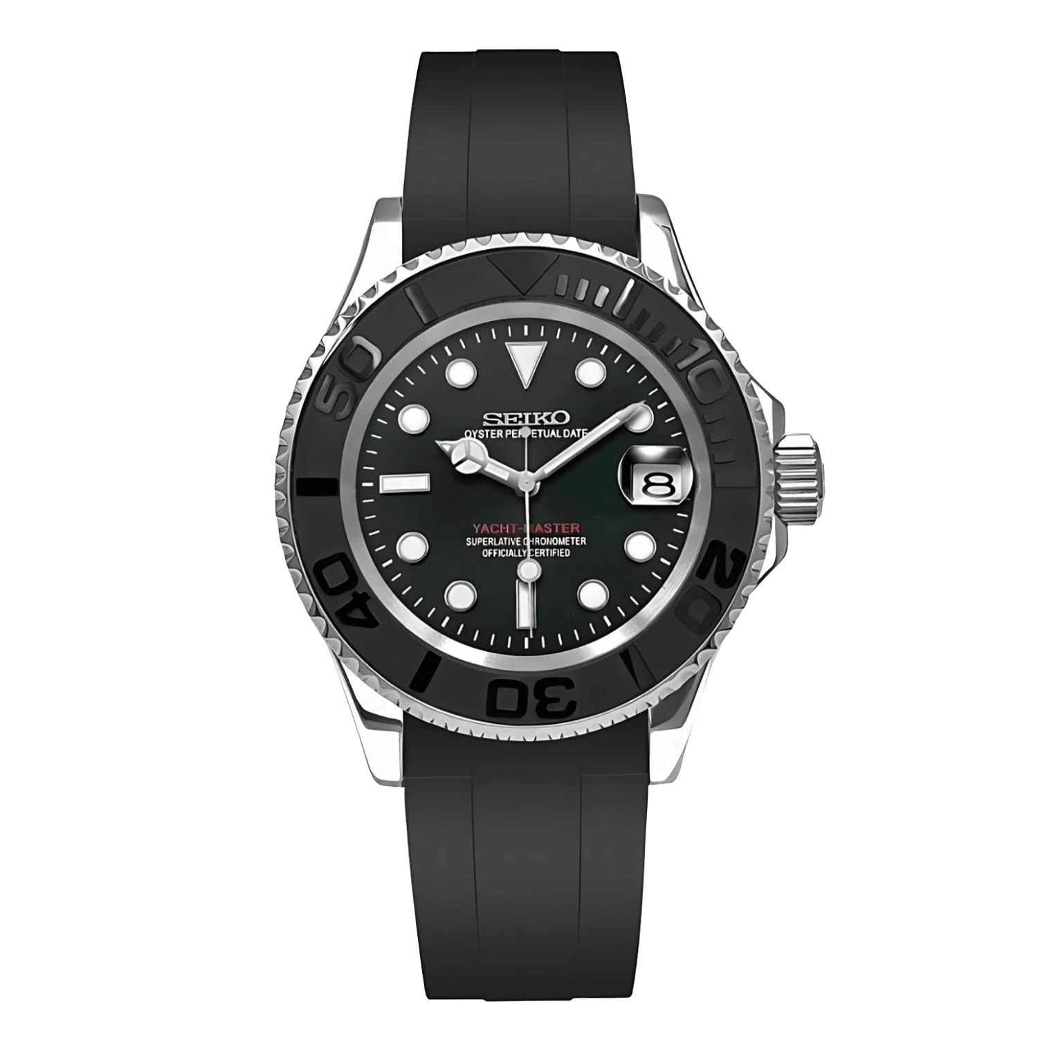 Sevato Seiko Yachtmaster мод часовник с черен циферблат, сребриста каса и гумена каишка