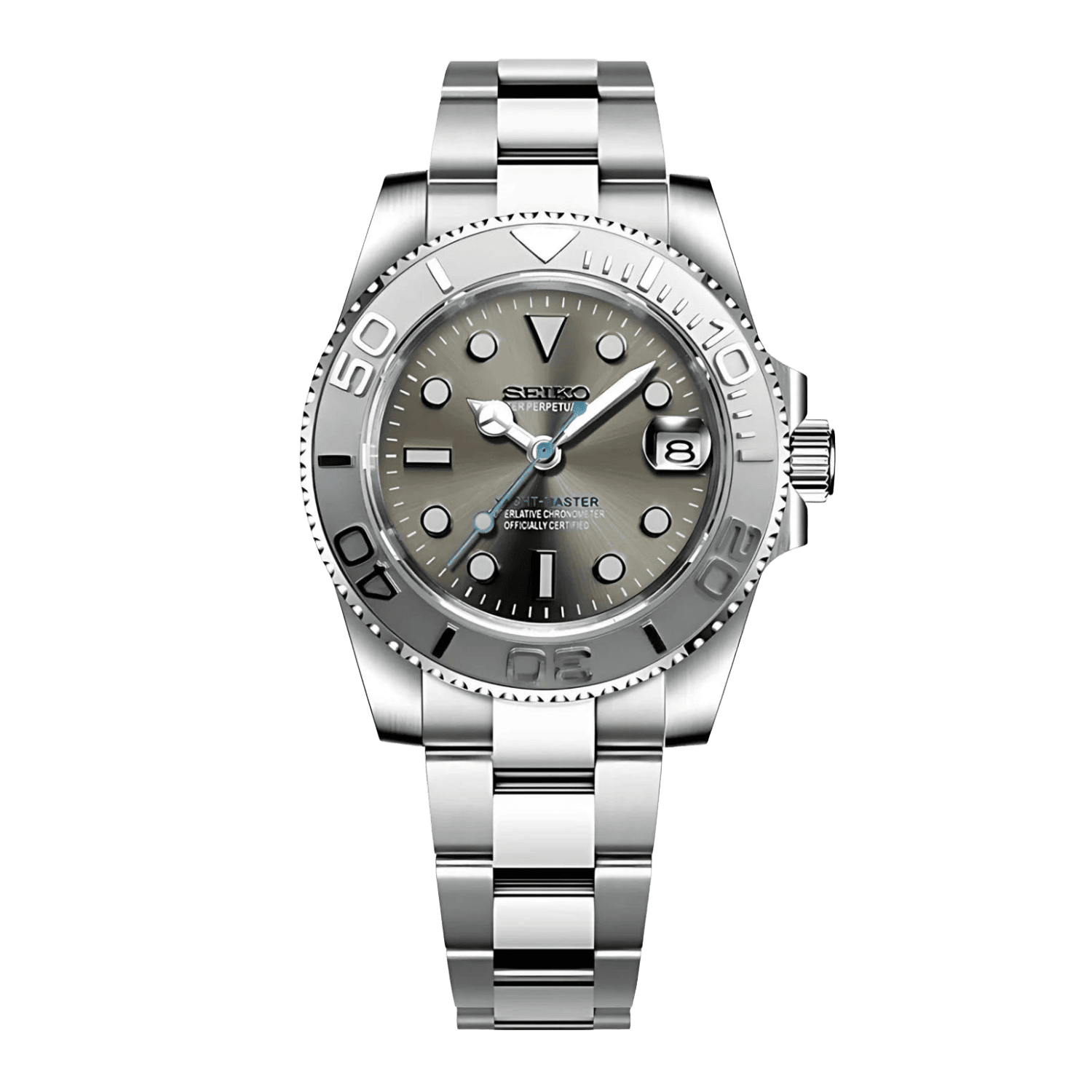 Sevato Seiko Yachtmaster мод часовник със сребрист циферблат, сребриста каса и метална каишка
