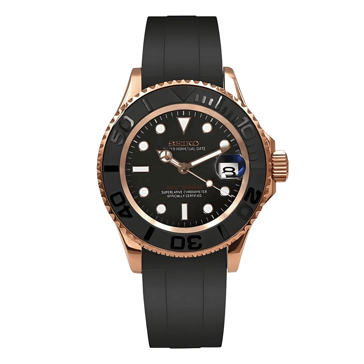 Sevato Seiko Yachtmaster мод часовник с черен циферблат и каса - розово злато и черна гумена каишка. sevato