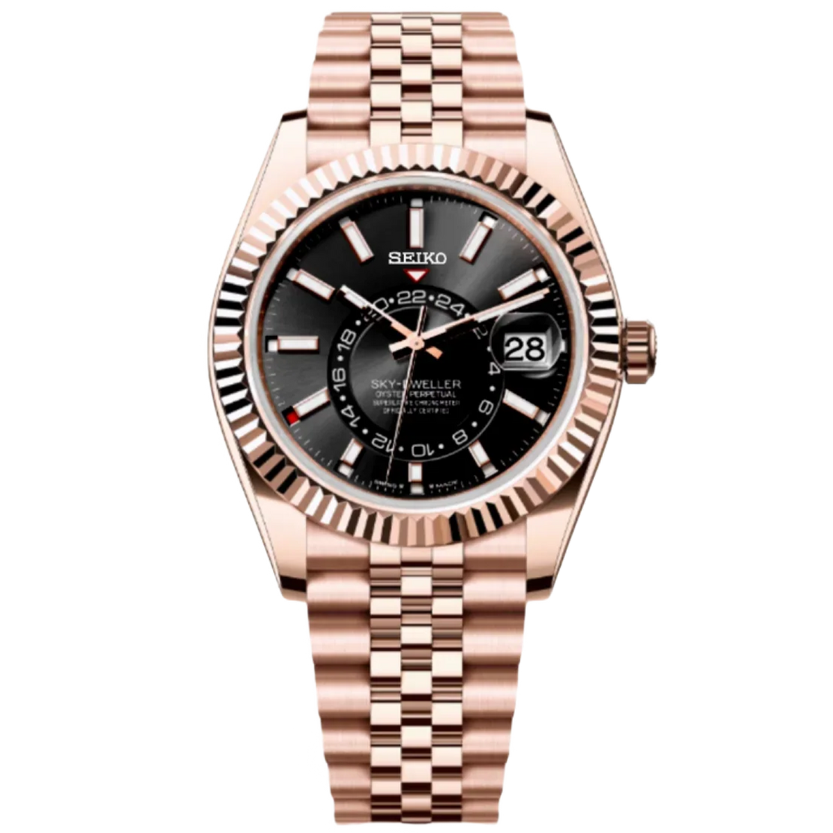Seiko Sky-Dweller Mod Rose Gold Black Dial с черен циферблат, дата, назъбен безел, каса и Jubilee верижка в розово злато