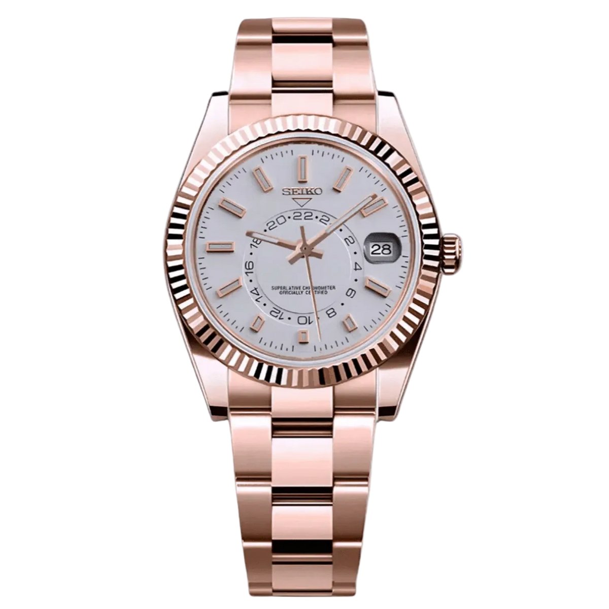 Seiko Sky-Dweller Mod Rose Gold White Dial с бял циферблат, дата, назъбен безел, каса и верижка в розово злато