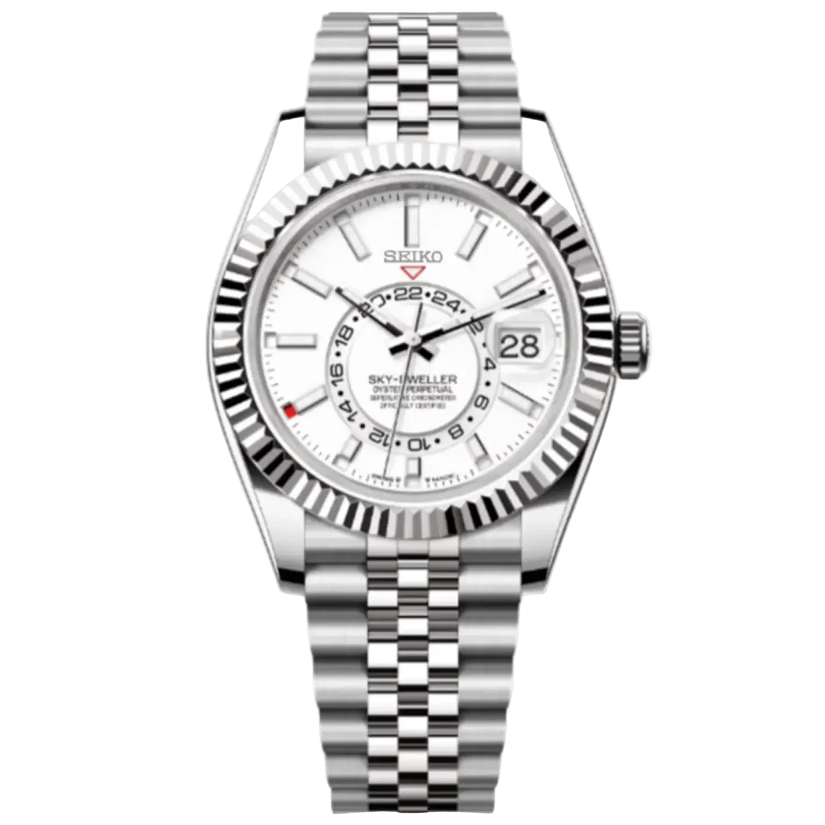 Seiko Sky-Dweller Mod Silver White Dial с бял циферблат, дата, назъбен безел, сребриста каса и сребриста Jubilee верижка