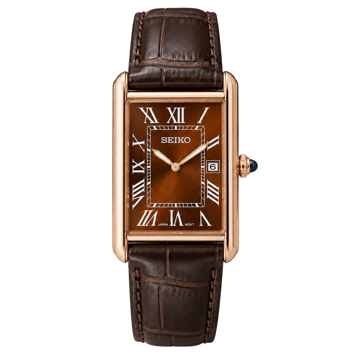 Seiko Tank Mod Brown Rose Gold с кафяв циферблат, римски индекси, дата, каса в розово злато и кафява кожена каишка