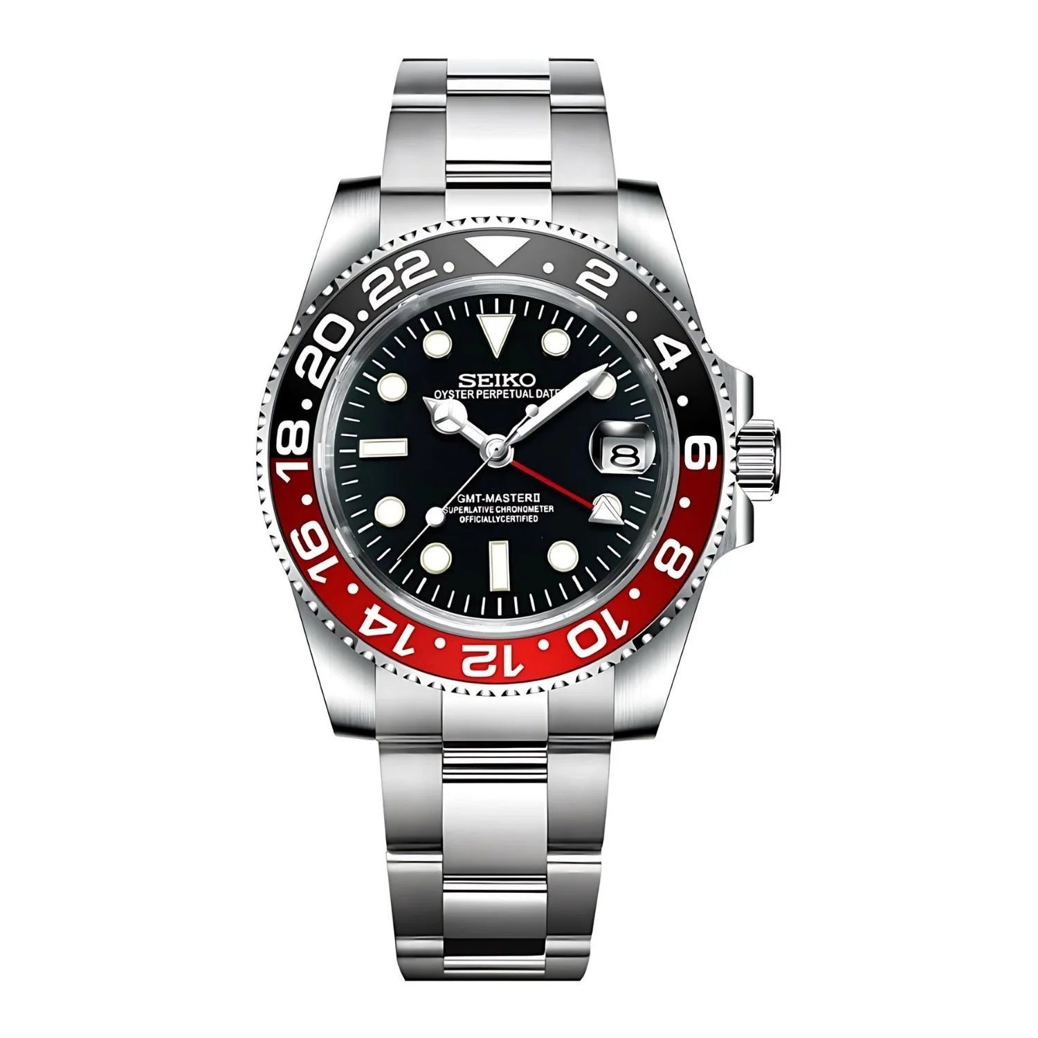 Sevato Seiko GMT мод часовник с черен циферблат, сребриста каса, Coke Mod


