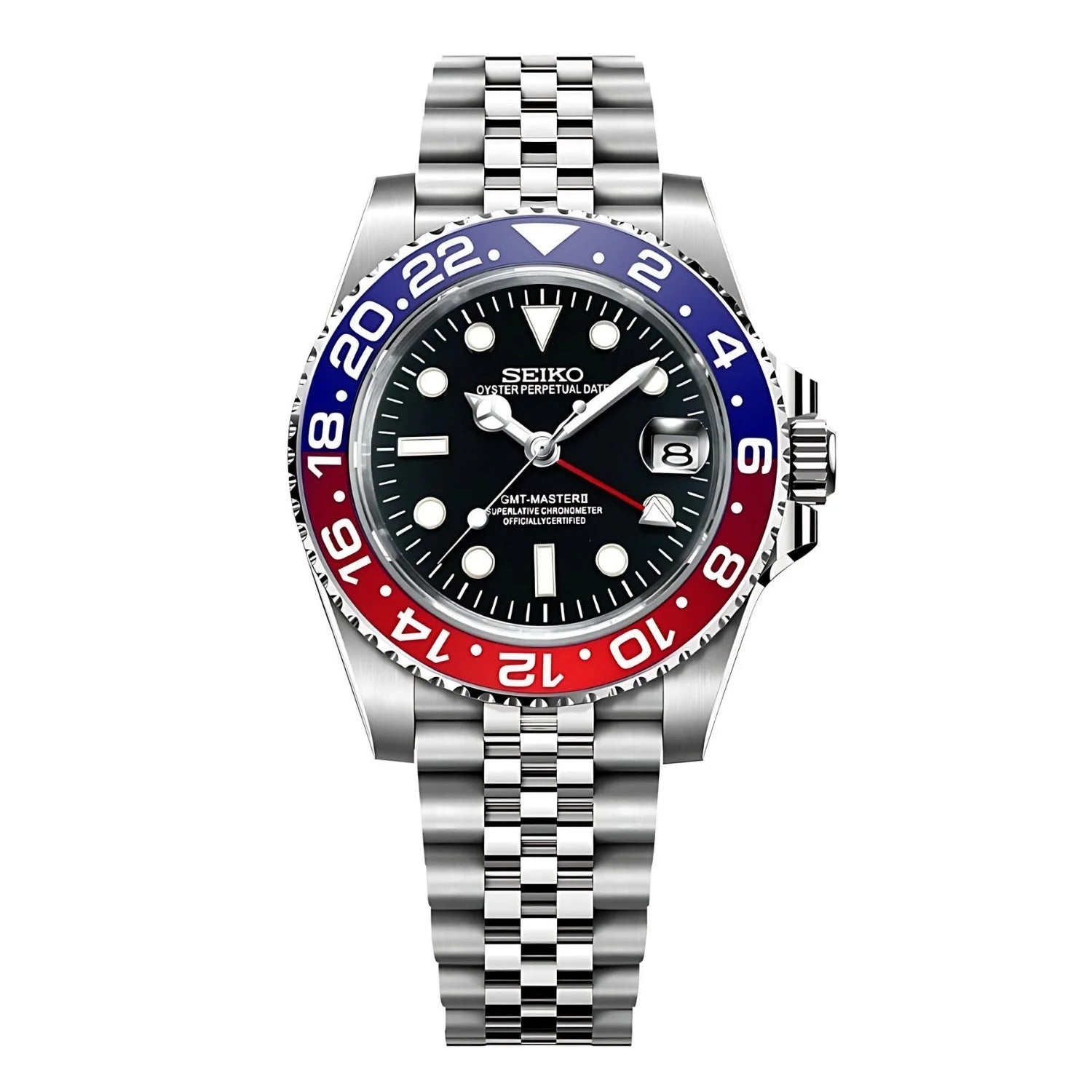 Sevato Seiko GMT мод часовник с черен циферблат, сребриста каса, Pepsi Mod

