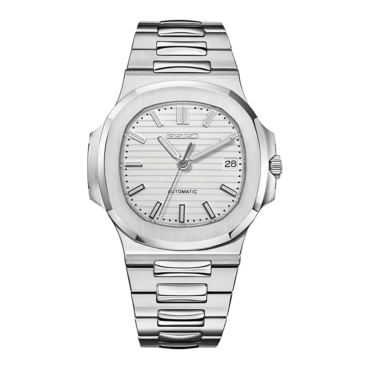 Sevato Seiko Nautilus мод часовник с бял циферблат,сребриста каса и метална сребриста каишка 